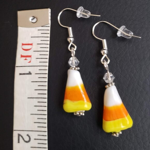 Earrings Glass Candy Corn Fall Lampwork Handcrafted Hypoallergenic Halloween - Picture 2 of 2